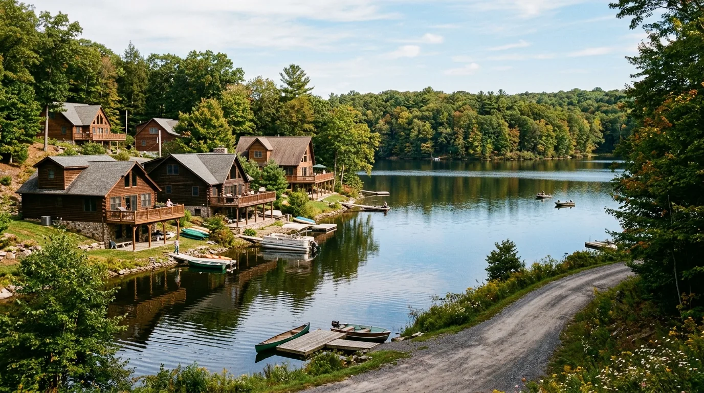 Lakeside homes with wood siding and decks overlooking the water in Dingmans Ferry.