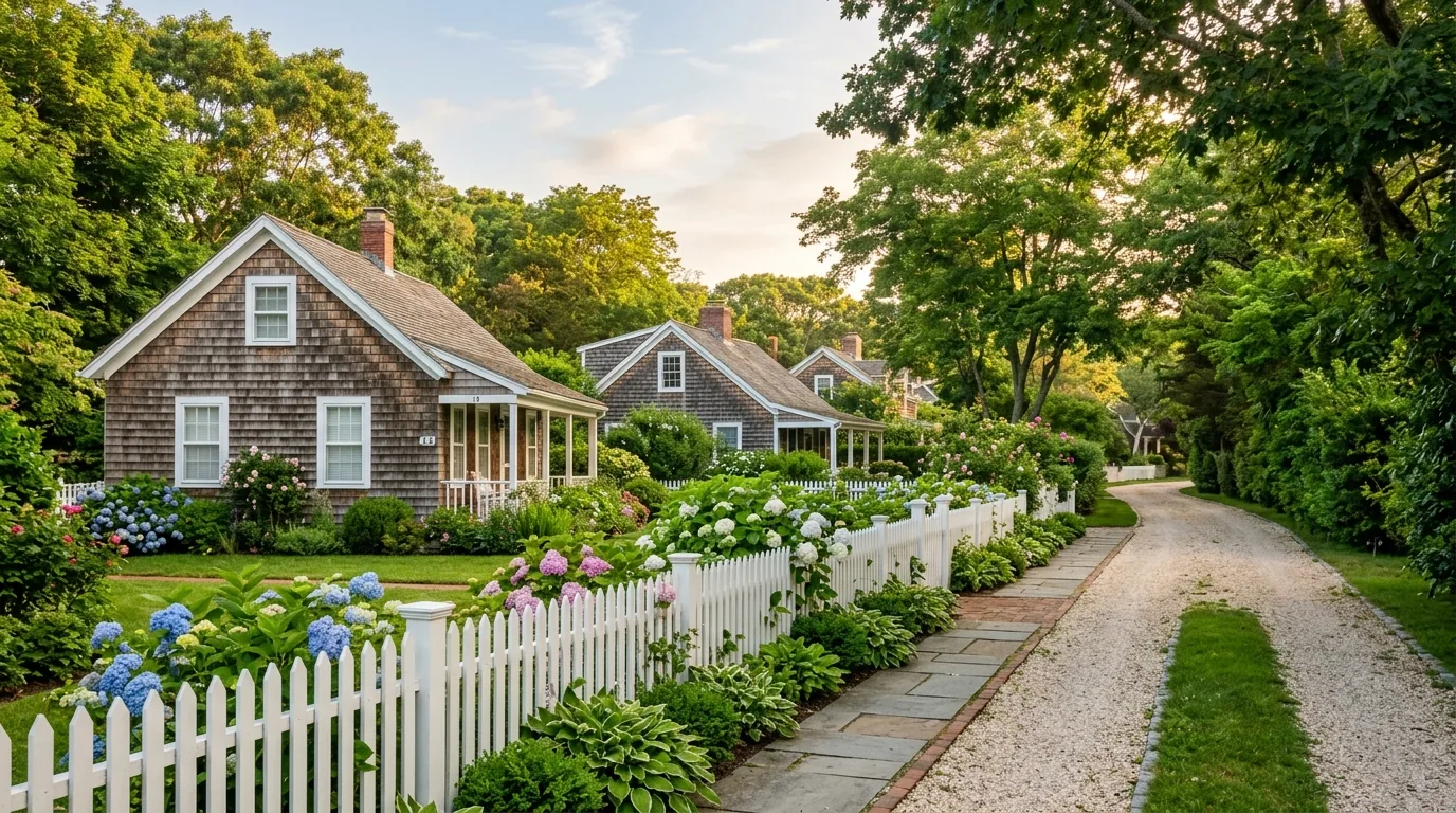 Cedar-shingled cottages and white picket fence on a quiet East Hampton lane.