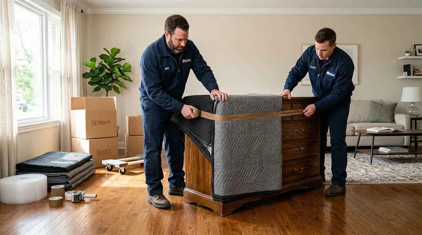 Movers wrapping a wooden dresser in blankets in a bright East Hampton living room.