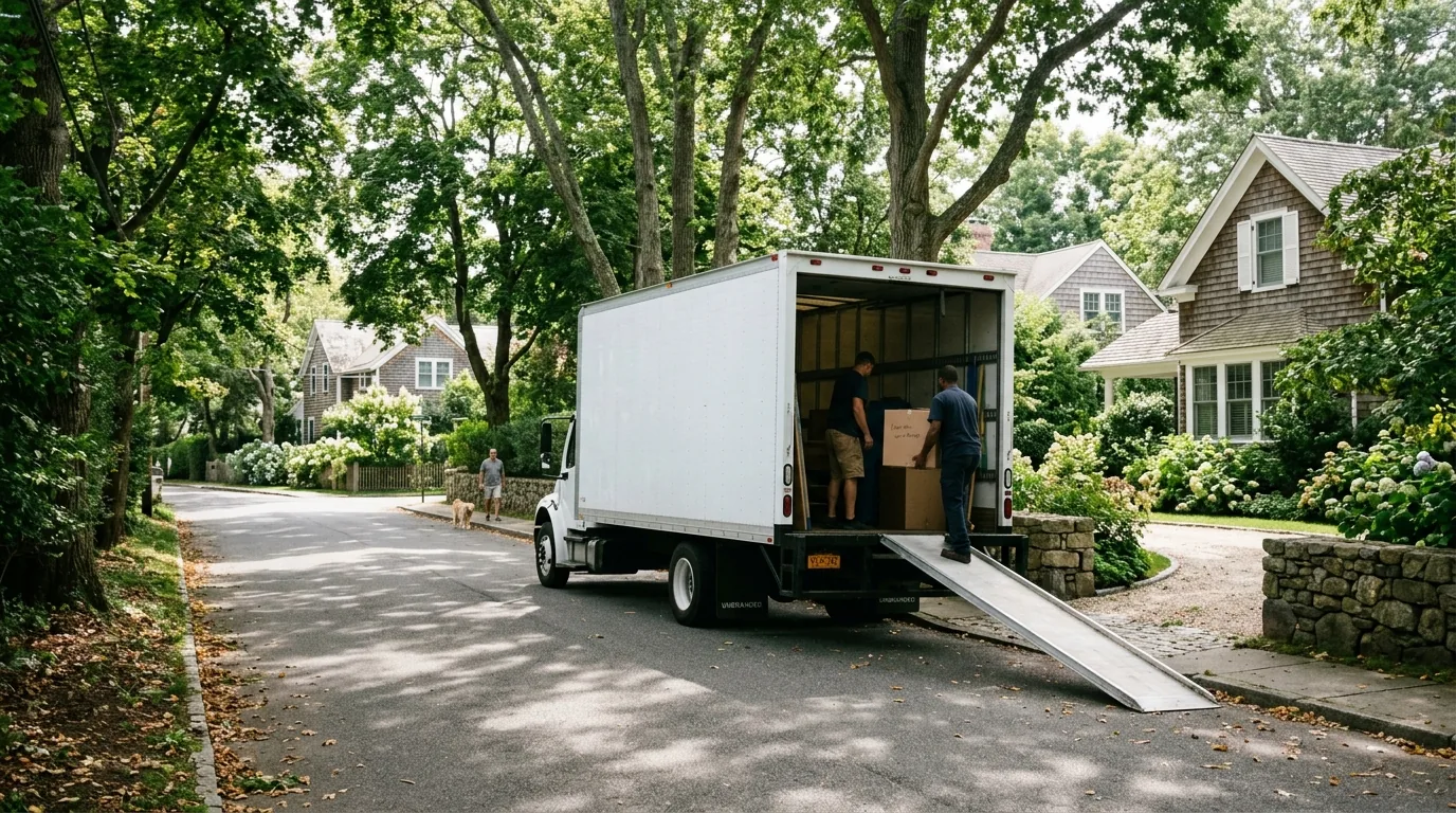 Moving truck on a narrow, tree-lined street in East Hampton.