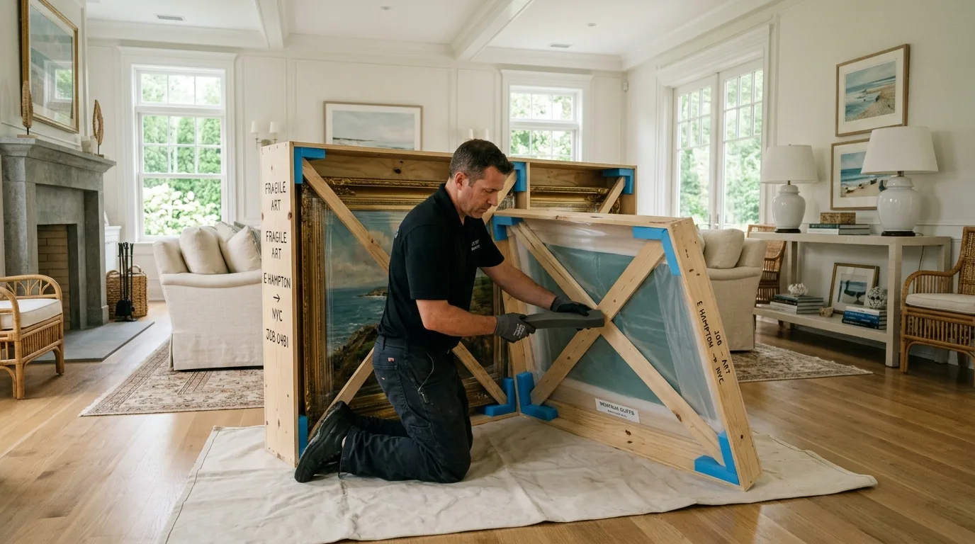 Mover crating a large painting in a refined East Hampton interior.