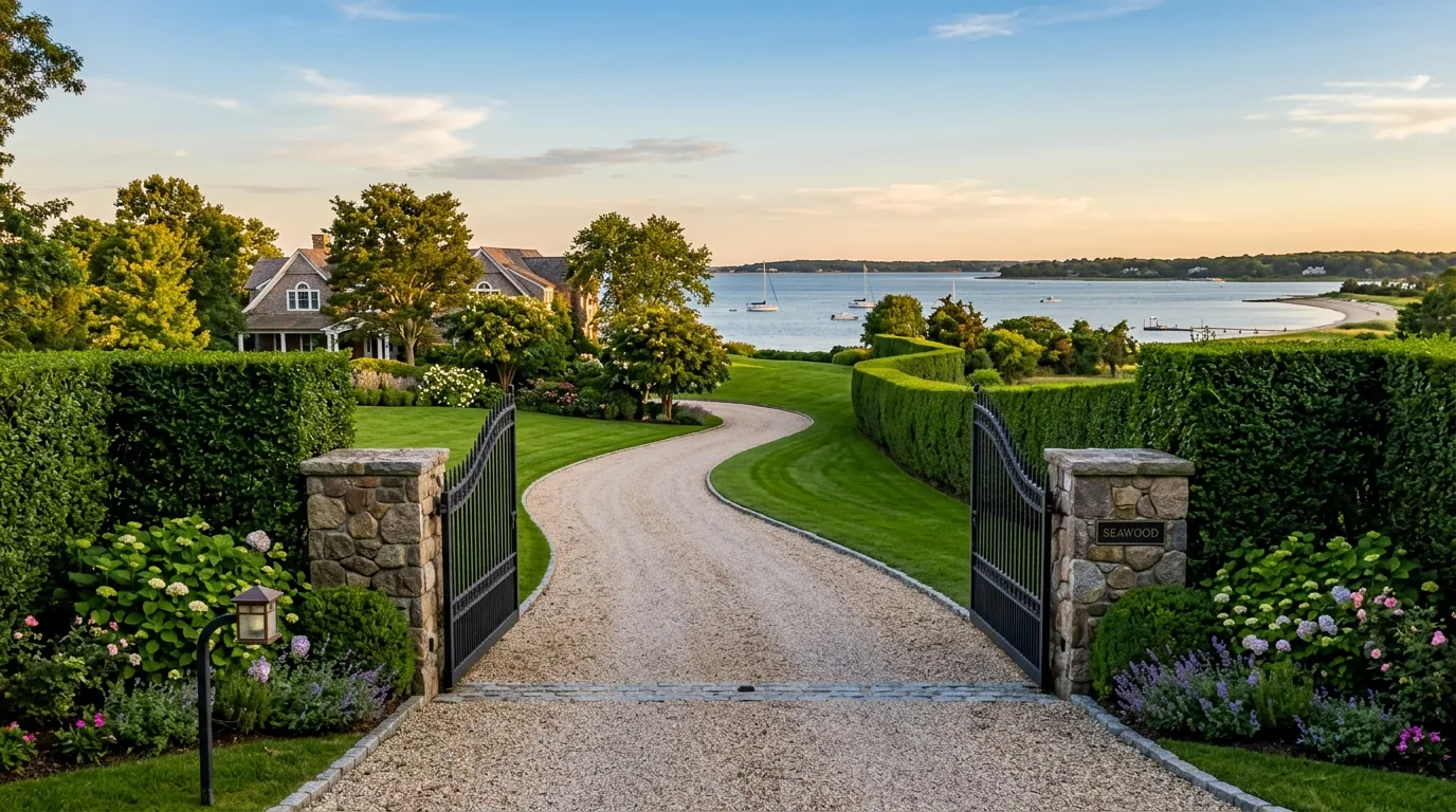Driveway of a waterfront estate with manicured lawn and bay view in East Hampton.