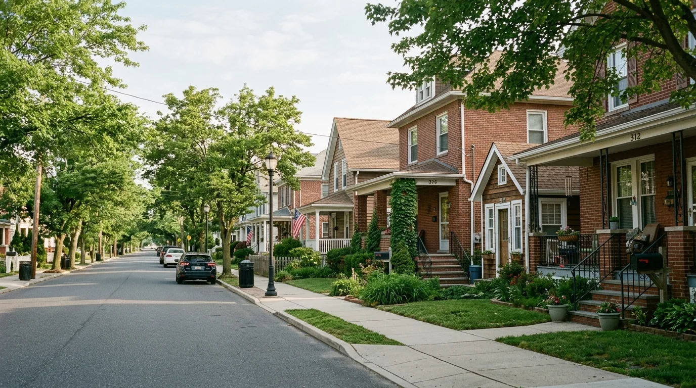 Tree-lined street in Egg Harbor City with brick and wood-frame houses.