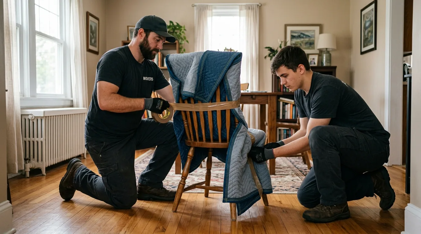 Movers wrapping a wooden chair with blankets and tape in a home.