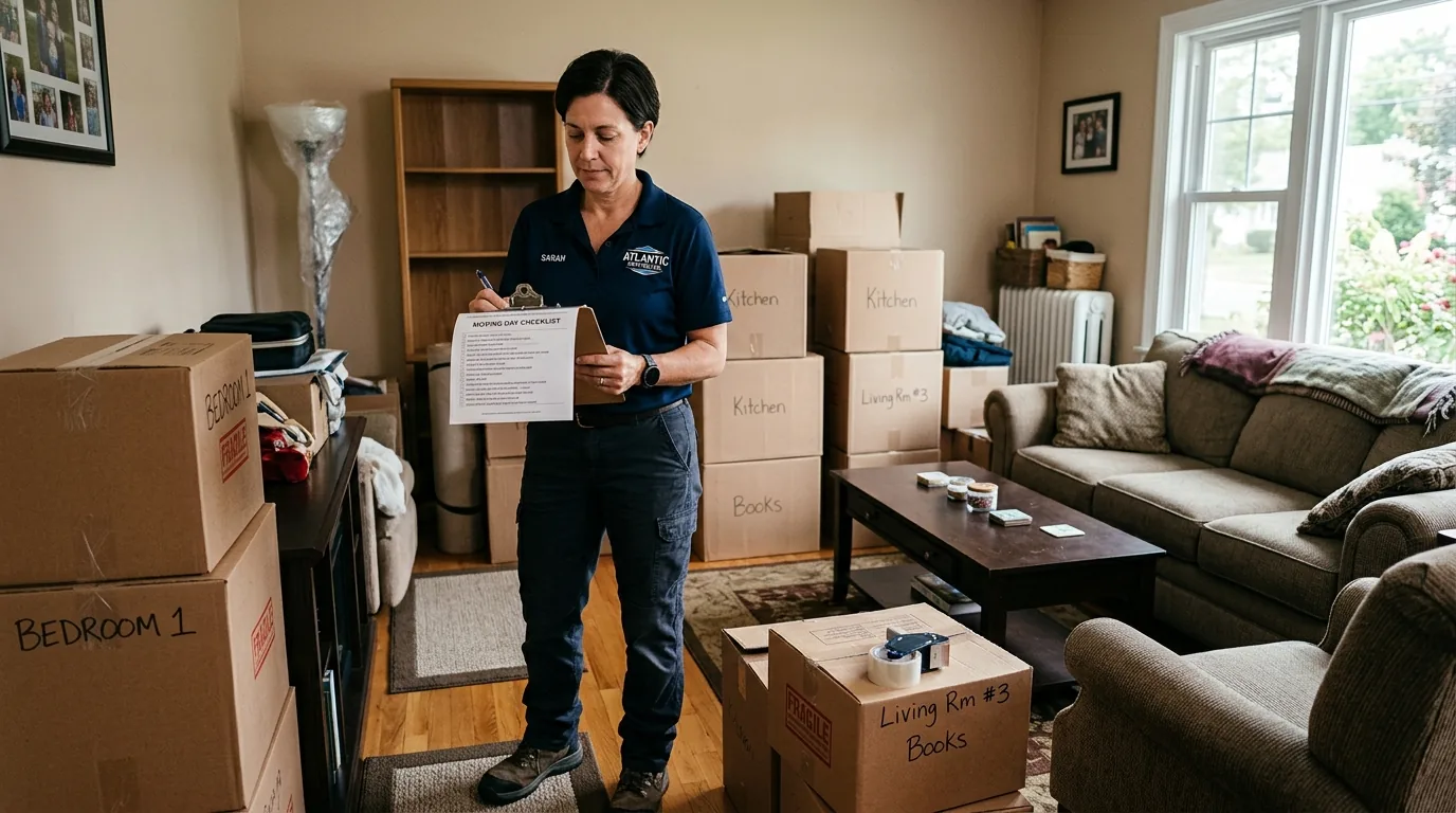Mover with clipboard planning in a lived-in Egg Harbor City living room.