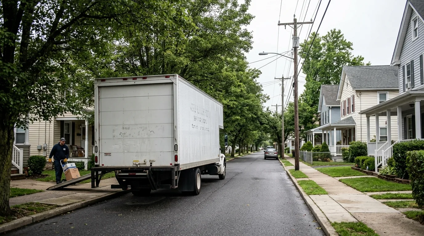 Moving truck parked on a narrow residential street in Egg Harbor City.