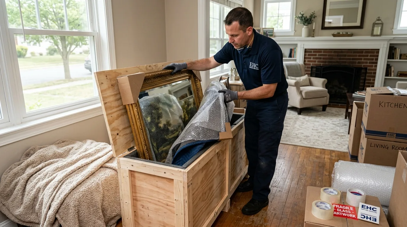 Mover crating a large mirror with blankets and wood in a home.