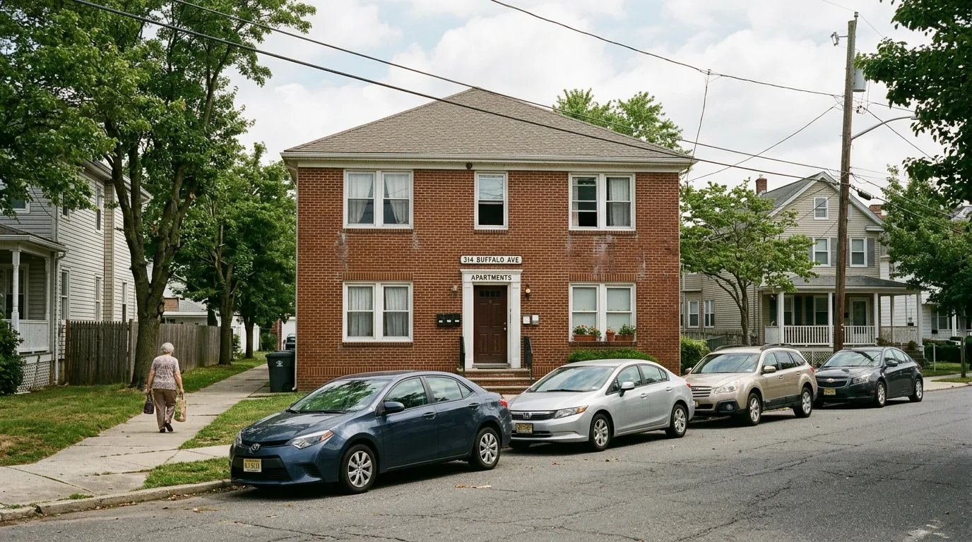 Small brick apartment building with parked cars in Egg Harbor City.