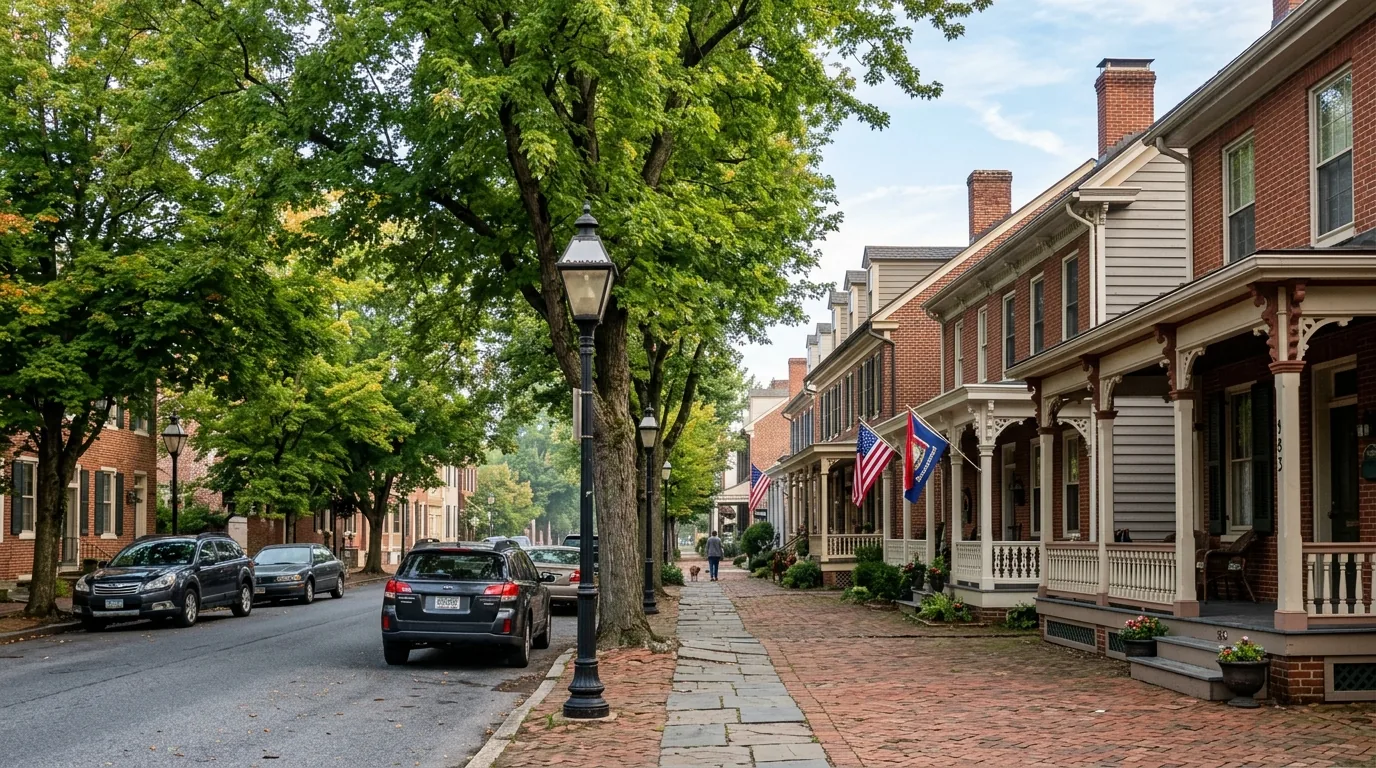 Tree-lined Gettysburg street with historic brick homes and Victorian porches in morning light.