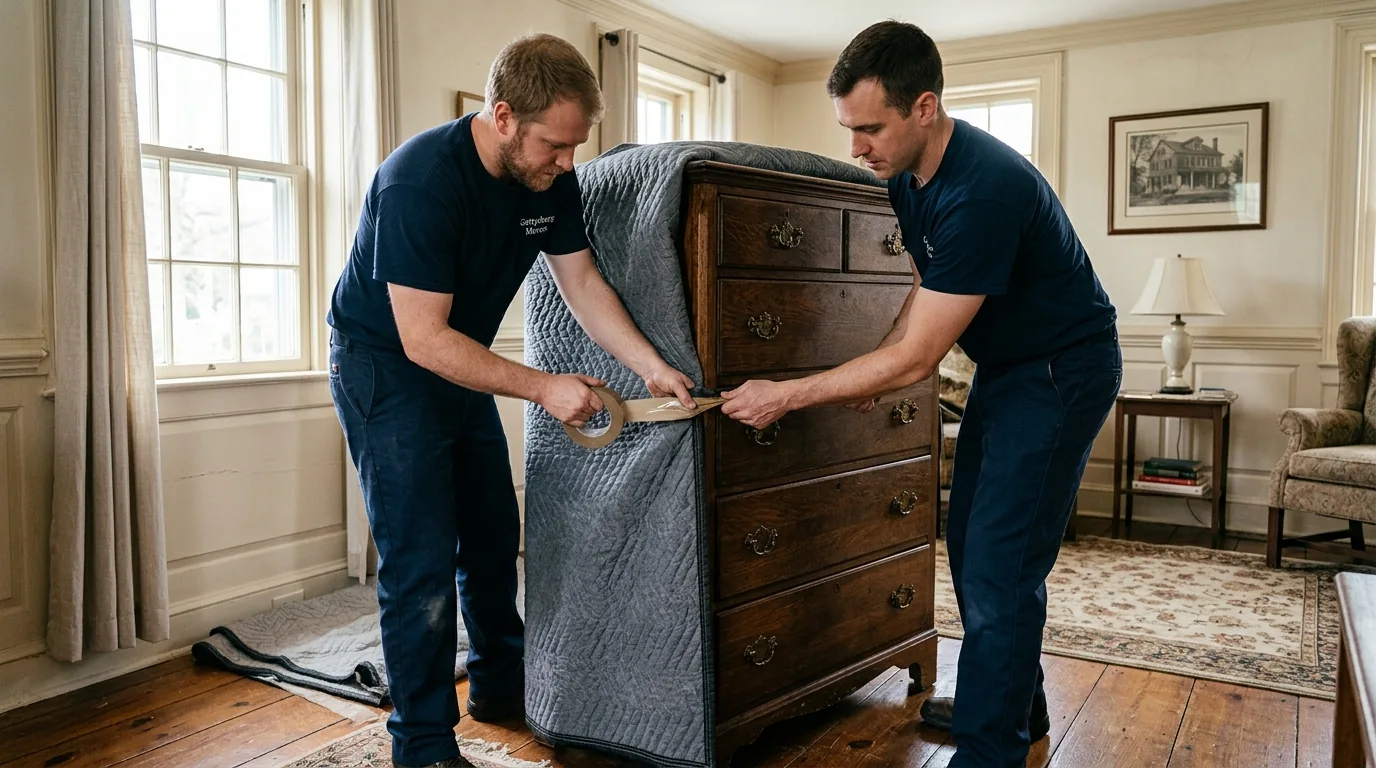 Movers in dark uniforms wrapping a wooden dresser with blankets and tape in a historic home.