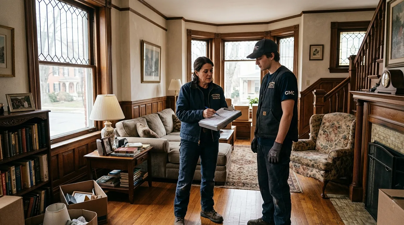 Crew lead with clipboard planning a move in a furnished Gettysburg living room.