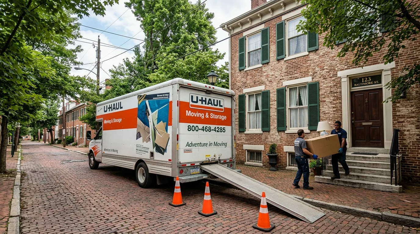 Moving truck parked on a narrow brick street in Gettysburg, cones marking the space.