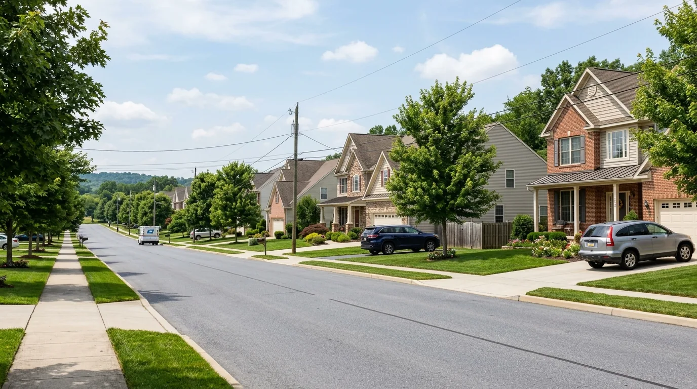 Suburban Gettysburg street with newer homes, green lawns, and mature trees.