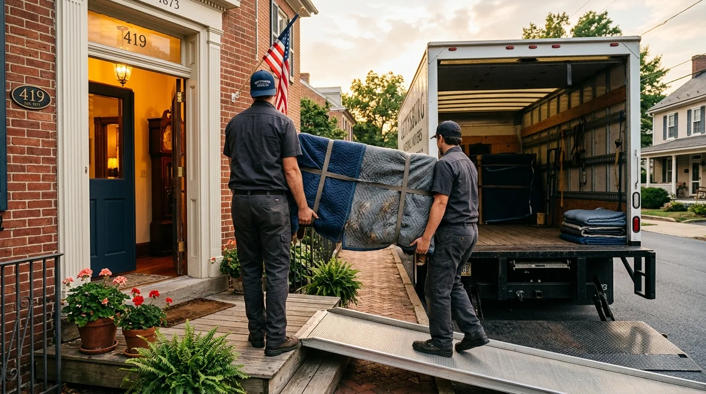 Movers carrying a wrapped furniture piece from a Gettysburg home into a moving truck.