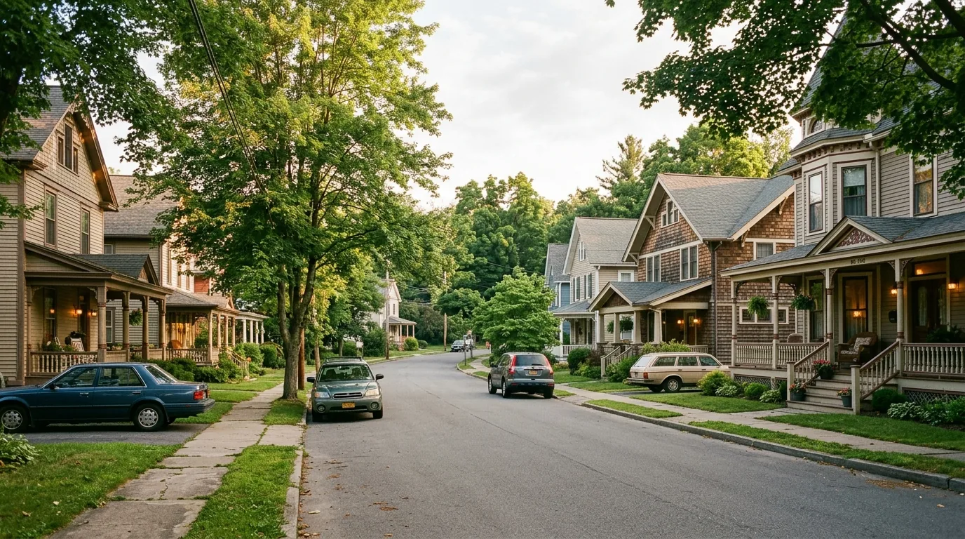 Tree-lined street with historic homes in Hawley, Pennsylvania, in soft morning light.