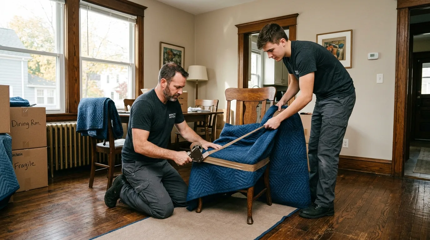 Movers wrapping a wooden chair with blankets and tape in a Hawley home.