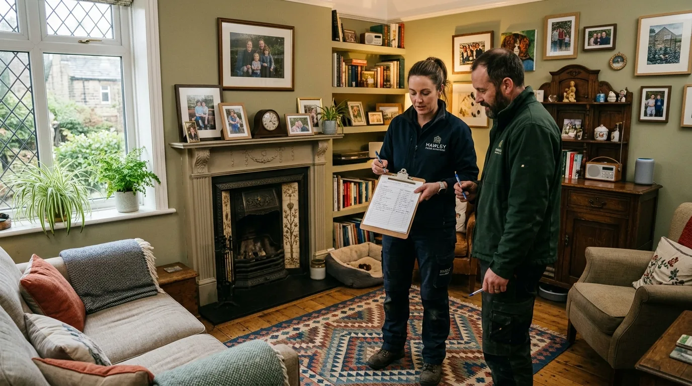 Moving crew lead with clipboard planning in a furnished Hawley living room.