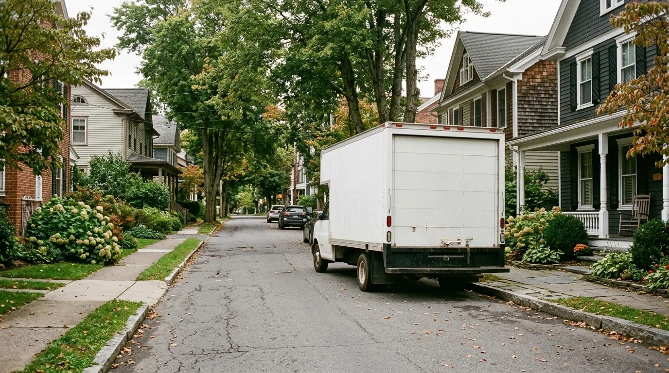 Moving truck parked on a narrow residential street in Hawley, Pennsylvania.