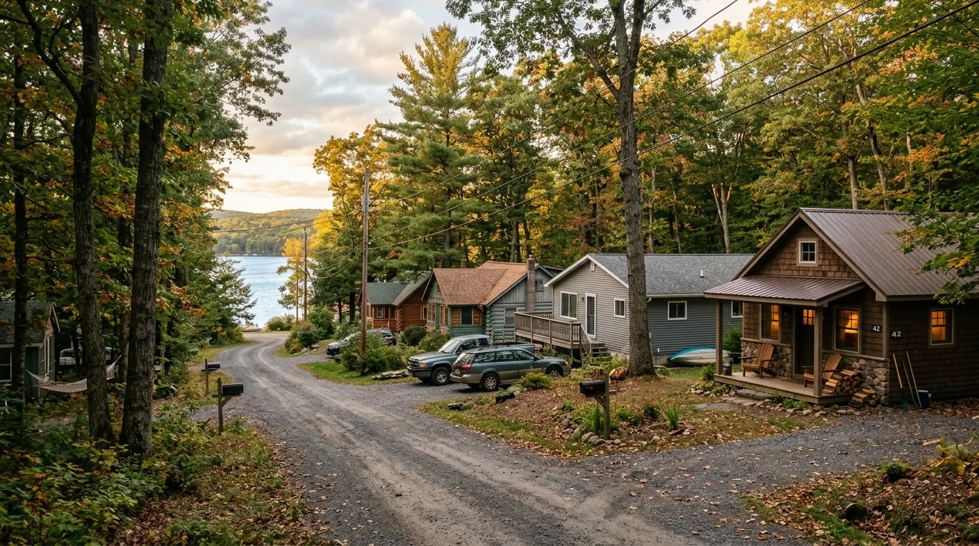 Lakeside cottage neighborhood with cabins and ranch homes near Hawley, Pennsylvania.