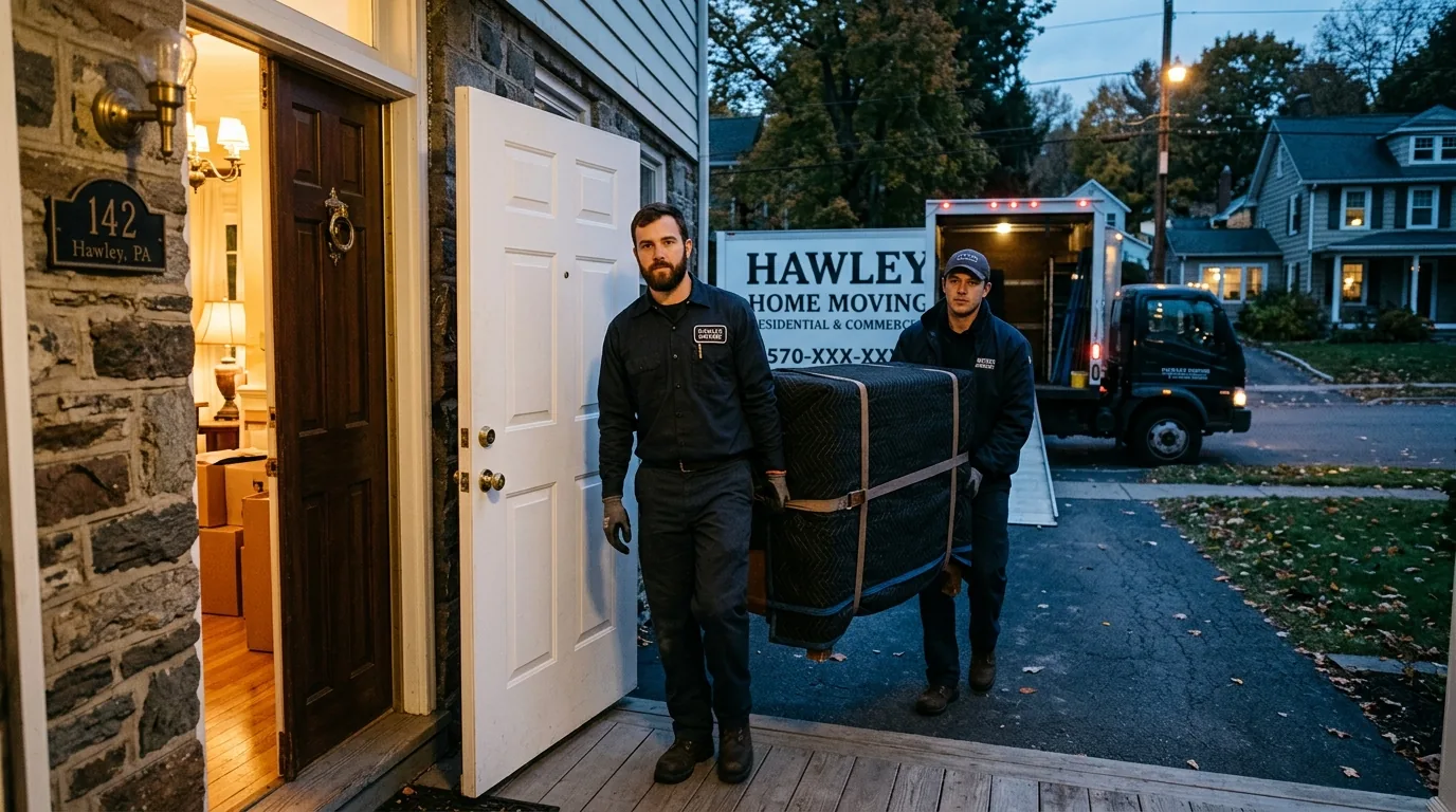 Movers carrying a wrapped dresser out of a Hawley home at dusk.