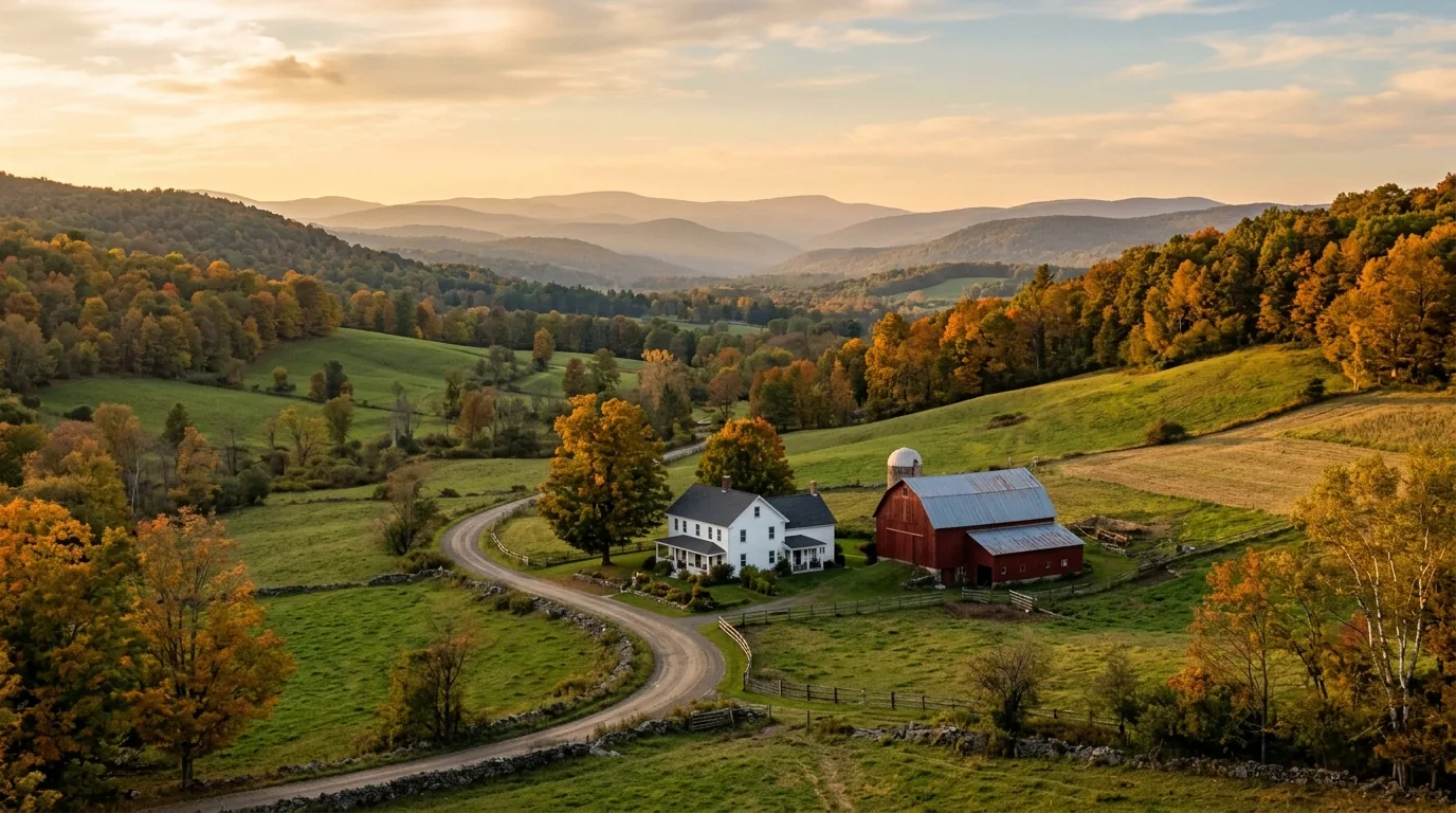 Farmhouse among rolling hills A farmhouse and red barn reached by a winding drive through fields and wooded hills.