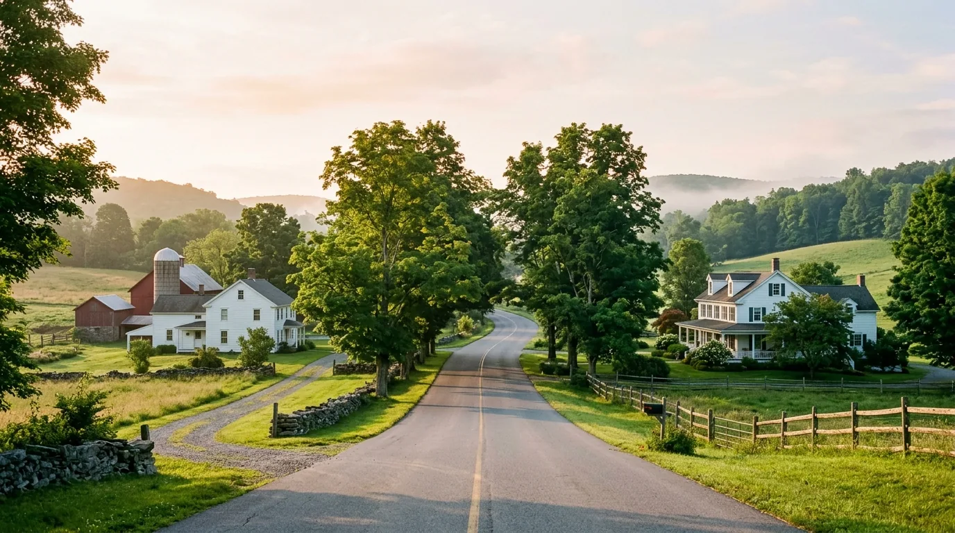 Tree-lined rural road in Hillsdale, NY with historic farmhouses and large lots in morning light.