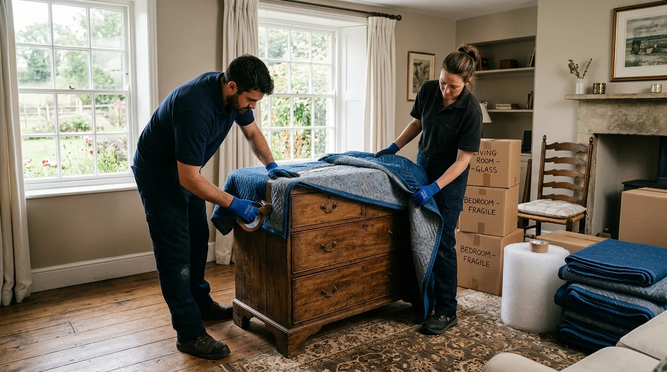 Movers wrapping a wooden dresser with blankets and tape inside a farmhouse room.