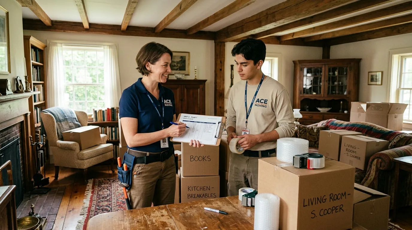 Crew lead with clipboard planning a move in a living room with exposed beams and boxes.