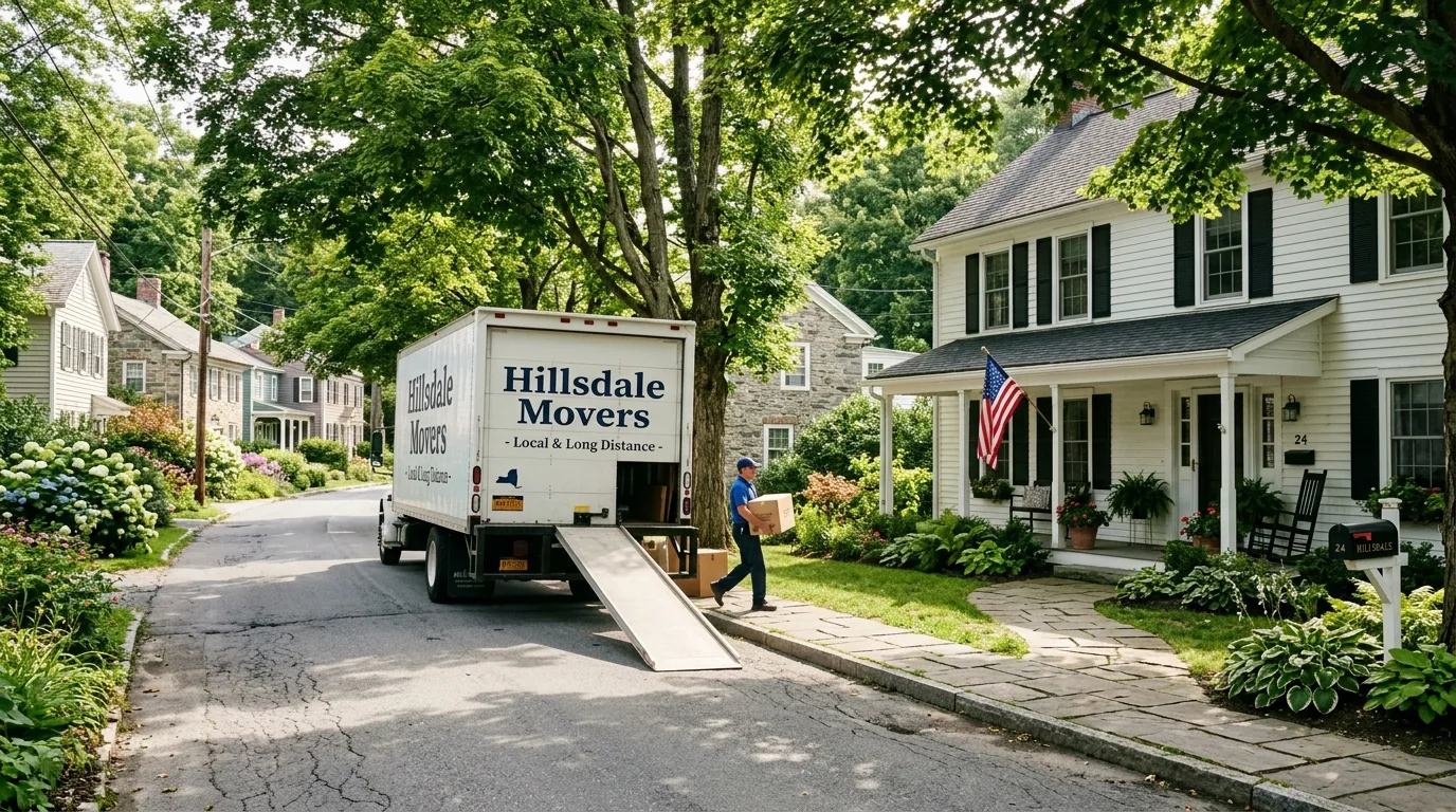 Moving truck parked on a narrow village street near a clapboard house in Hillsdale.