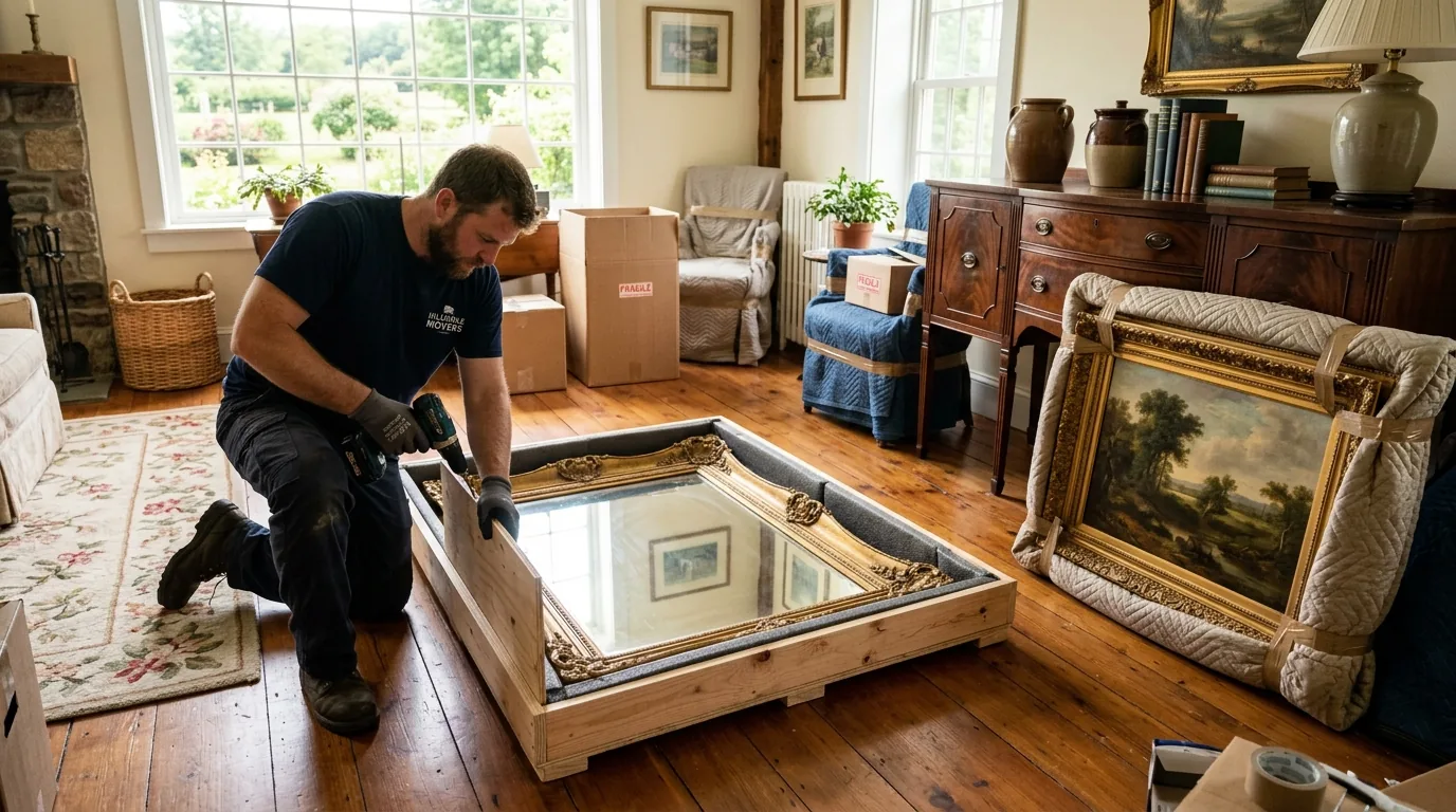Mover crating a framed mirror and wrapping art in a sunlit room with hardwood floors.