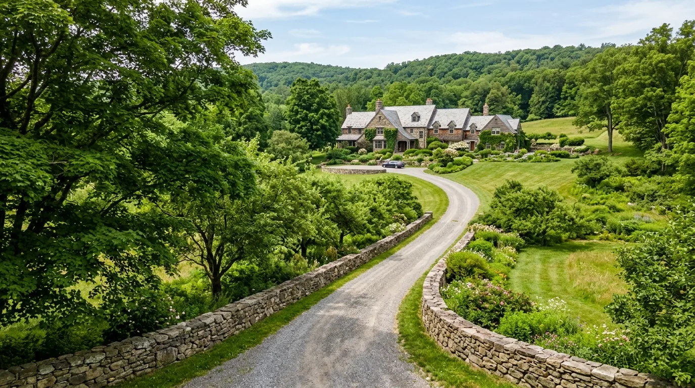 Estate driveway with stone walls and mature trees leading to a historic home in Hillsdale.
