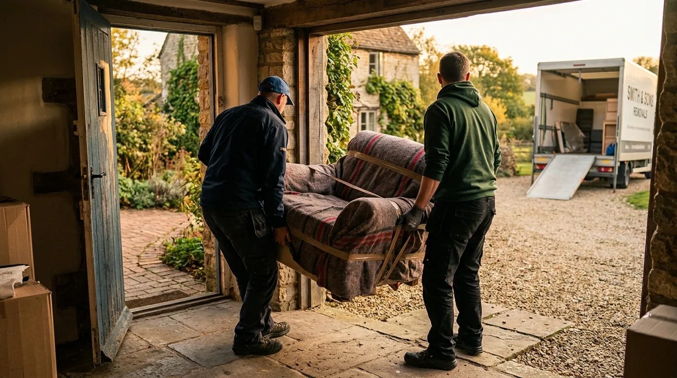 Movers carrying a wrapped armchair through a farmhouse doorway toward a moving truck.