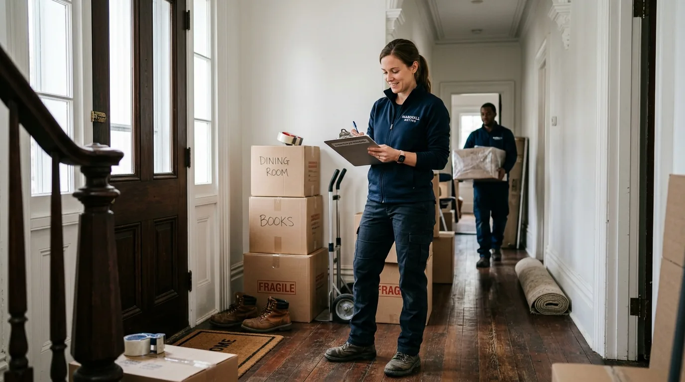 Crew lead with clipboard planning a move in a Greek Revival townhouse hallway.