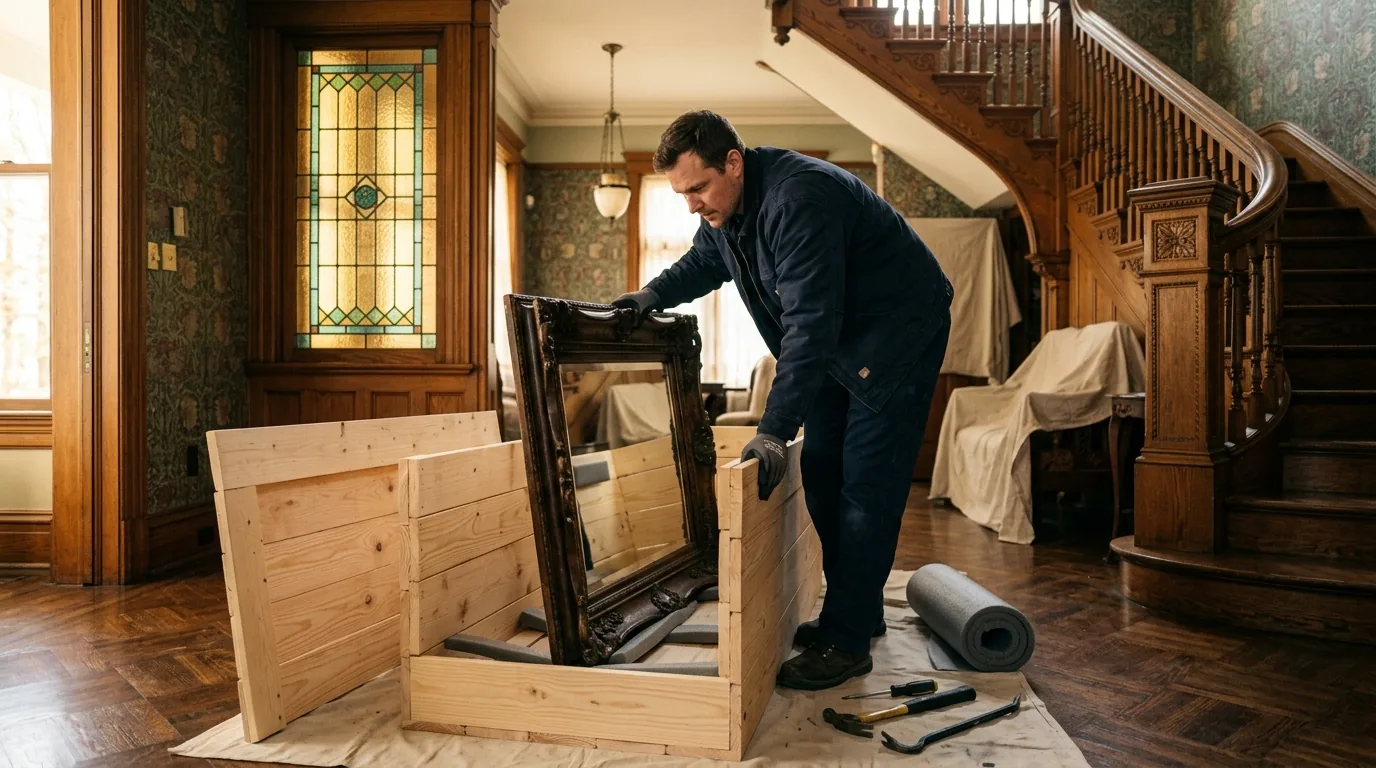 Mover crating a large framed mirror in the foyer of a Queen Anne home.