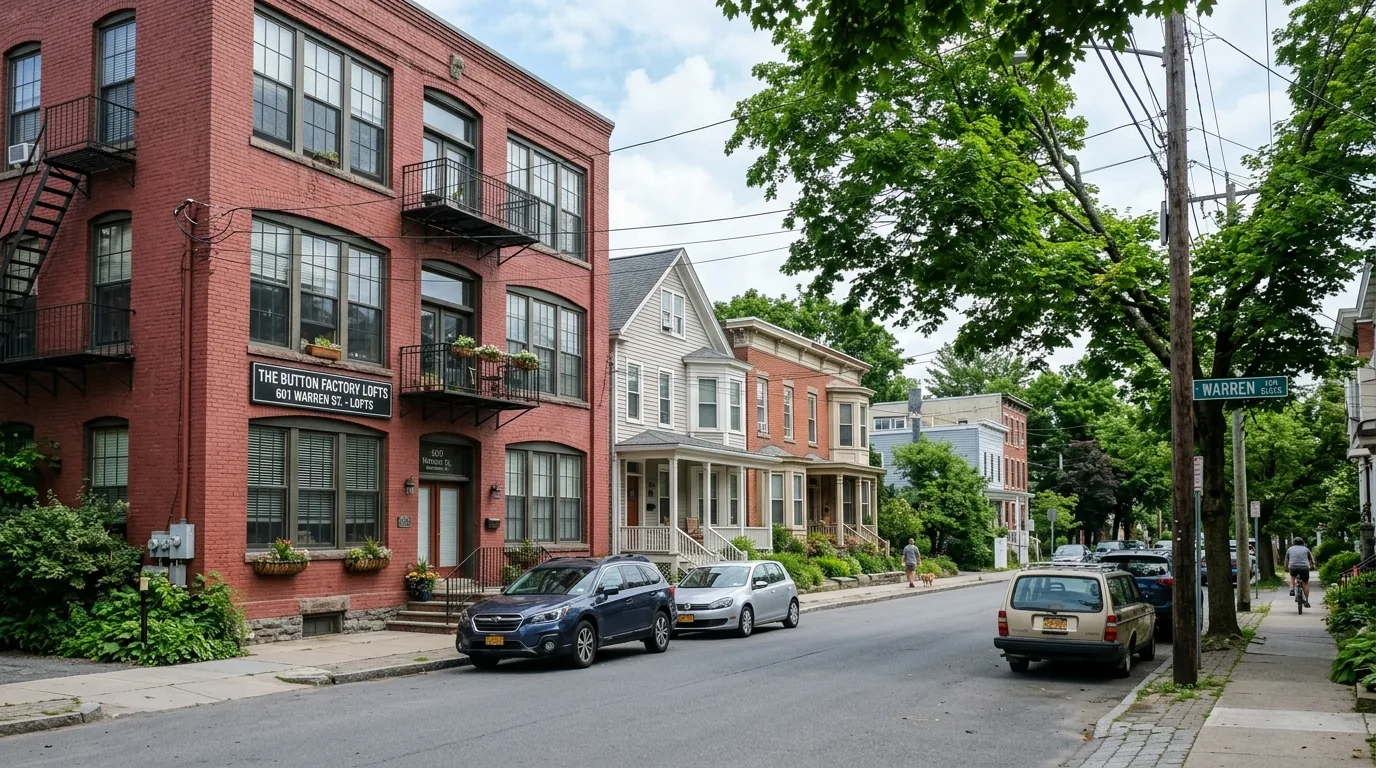 Converted loft buildings and small apartments on a leafy street in north Hudson.
