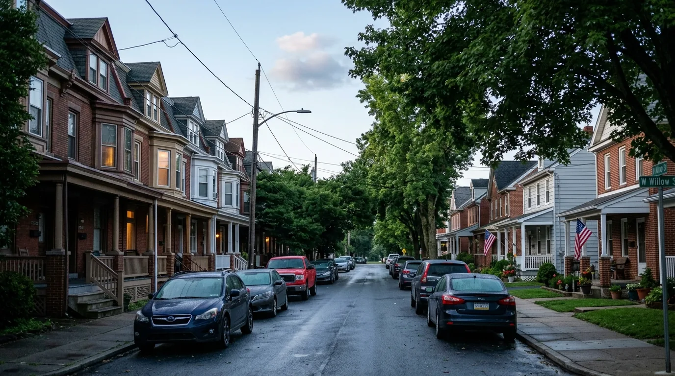 Tree-lined street with brick row homes and parked cars in Lebanon, PA.