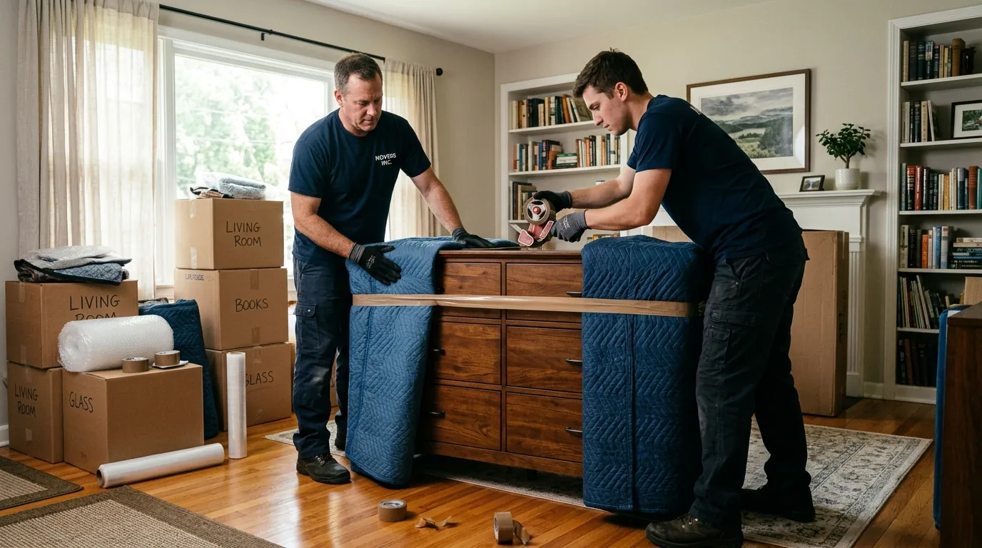Movers wrapping a dresser with blankets and tape in a Lebanon home.