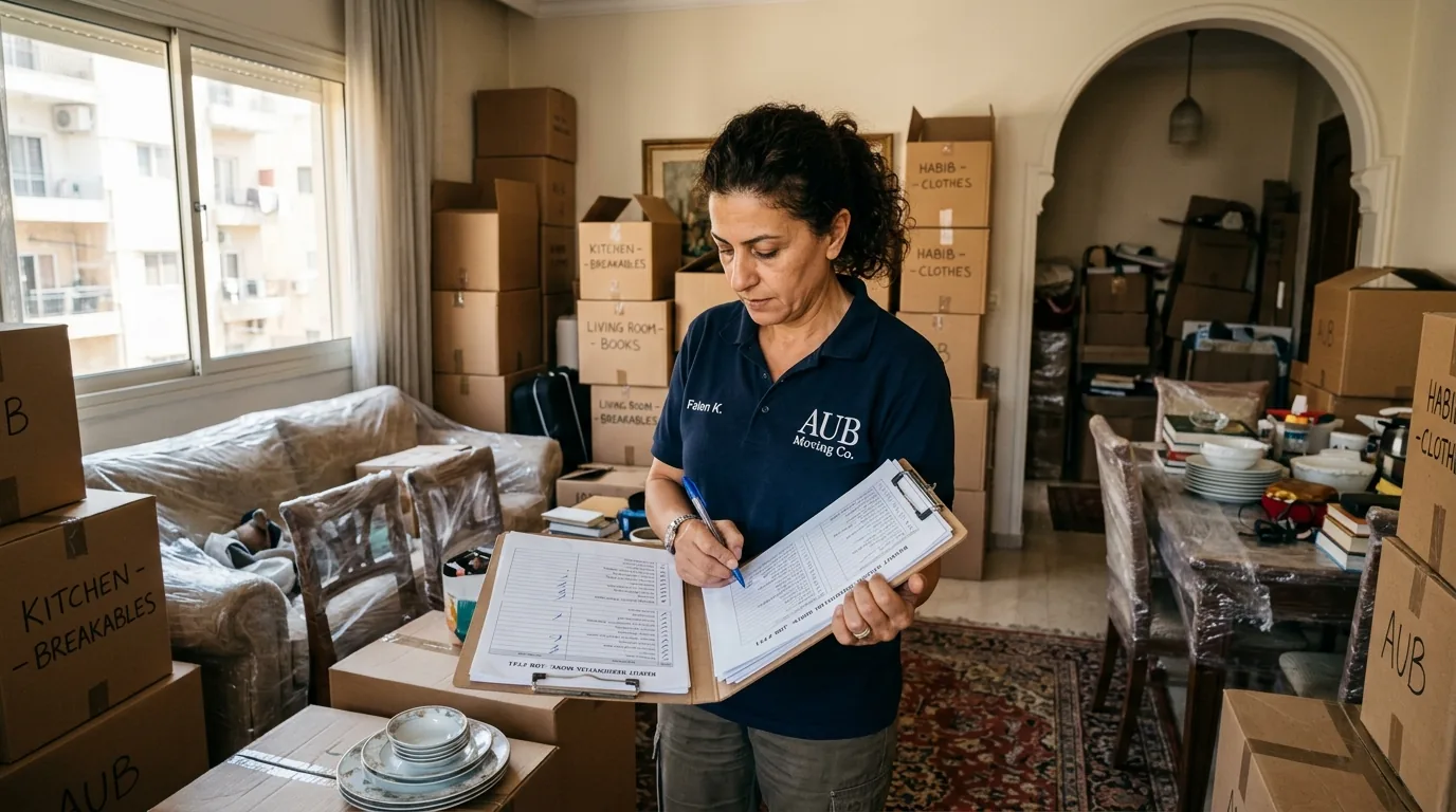 Mover with clipboard planning a move in a Lebanon living room.