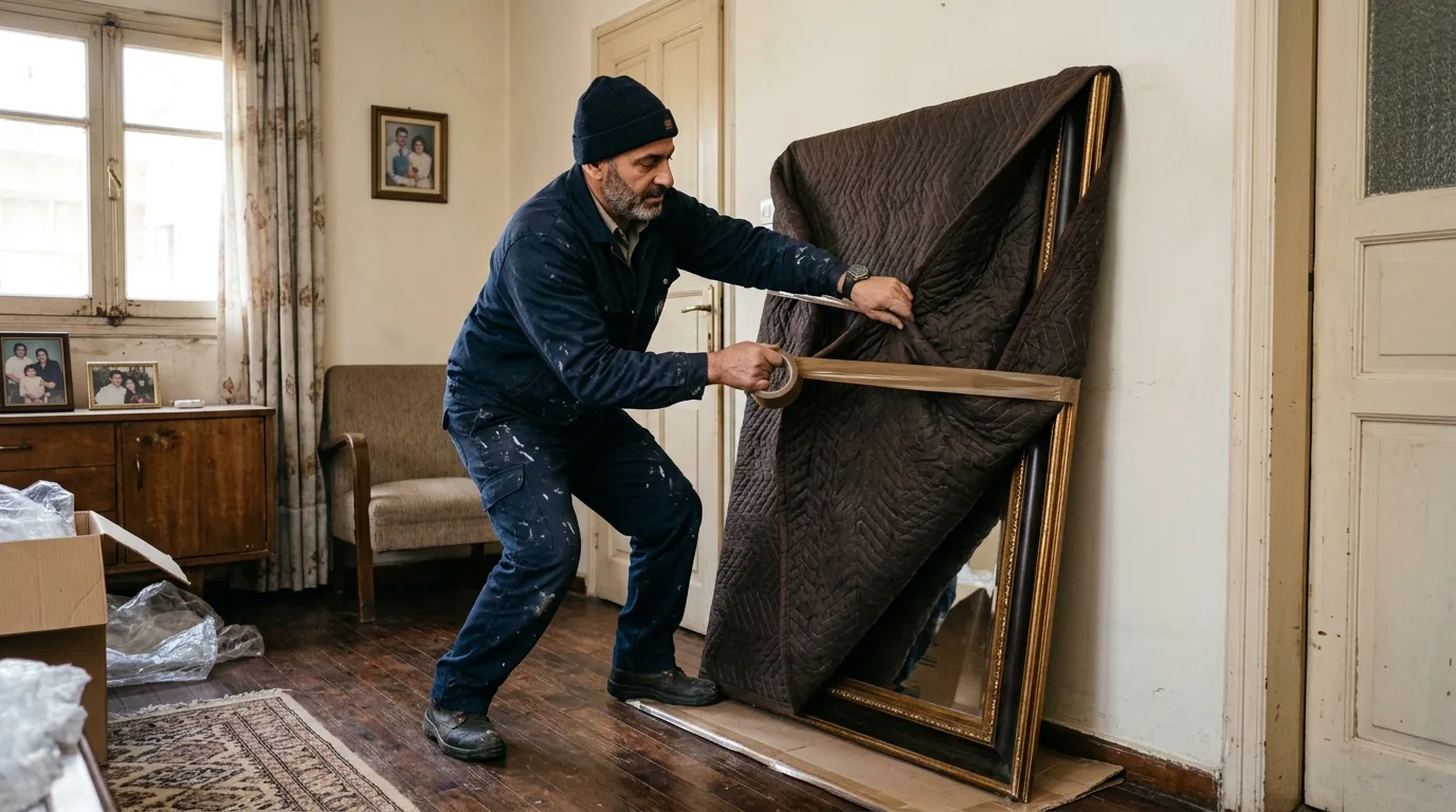 Mover wrapping a large mirror with a blanket in a Lebanon home.