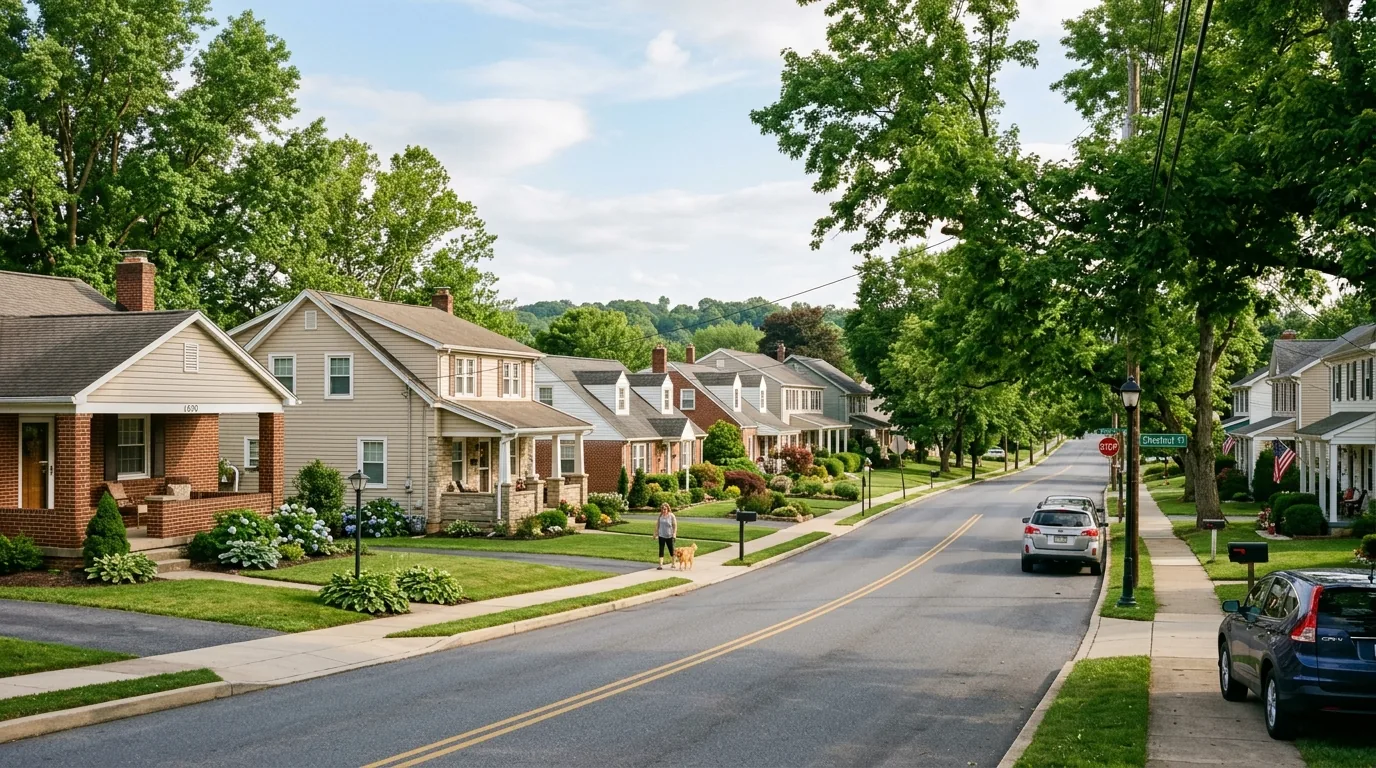 Suburban street with single-family homes and trees in Lebanon, PA.