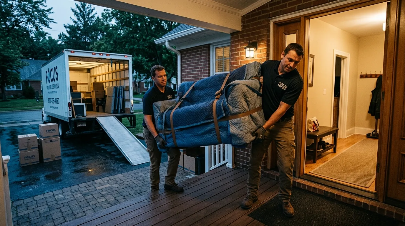 Movers carrying a wrapped item out of a Lebanon home toward a truck.