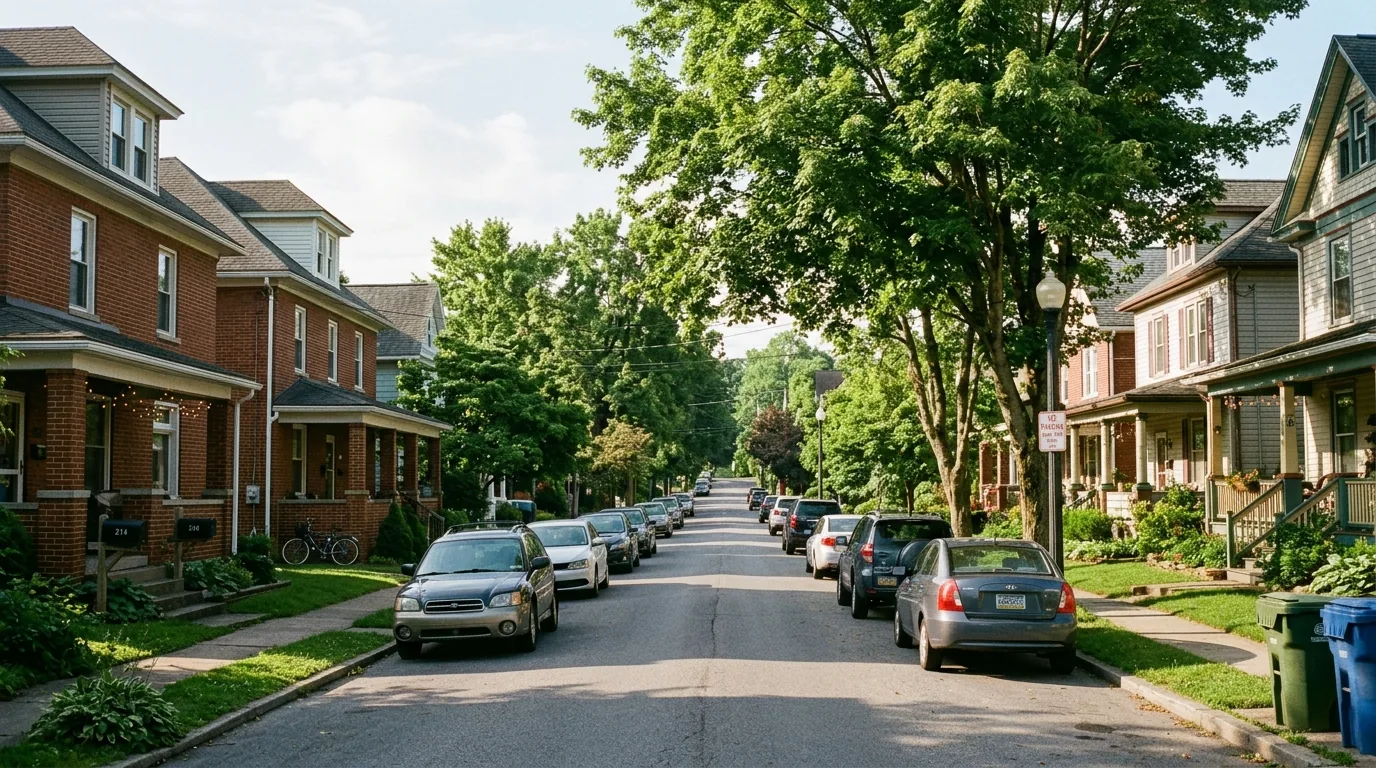 Tree-lined street in Lock Haven with older brick homes and parked cars on both sides.