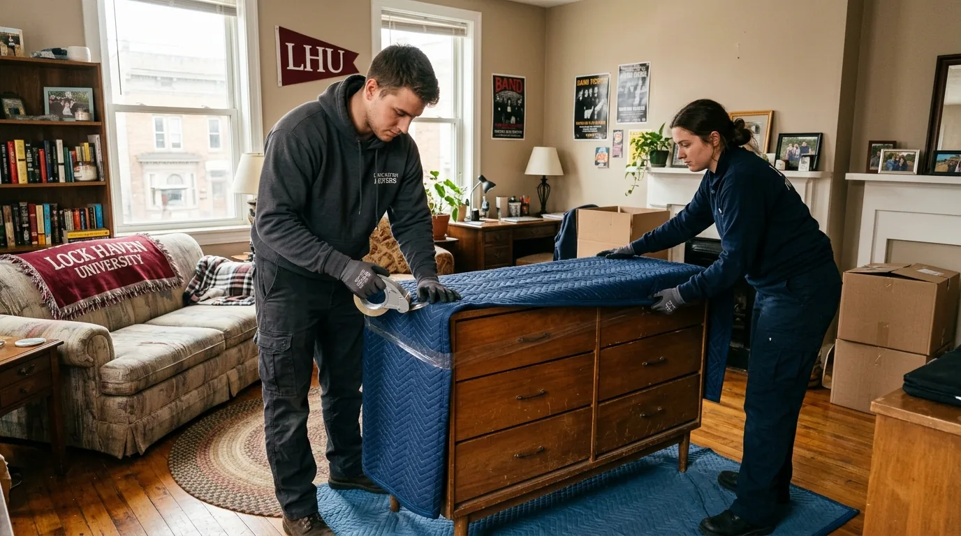 Movers wrapping a wooden dresser with blankets and tape in a Lock Haven living room.