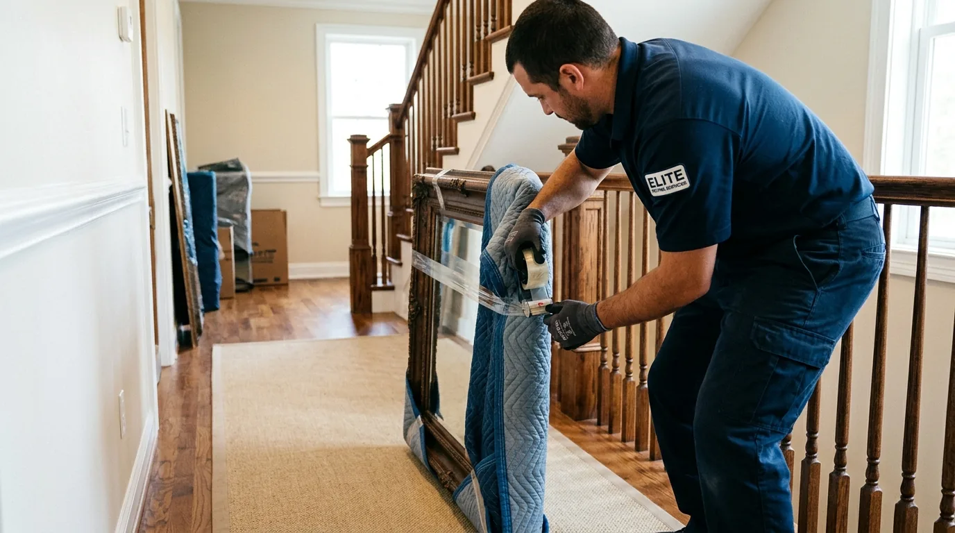 Mover blanket-wrapping a large mirror in a Lock Haven home hallway.