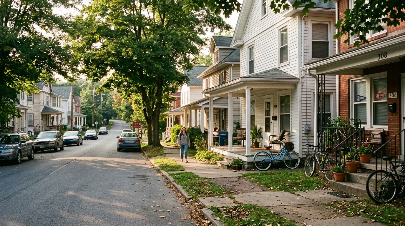 Lock Haven neighborhood with small apartment buildings and student rentals near the university.