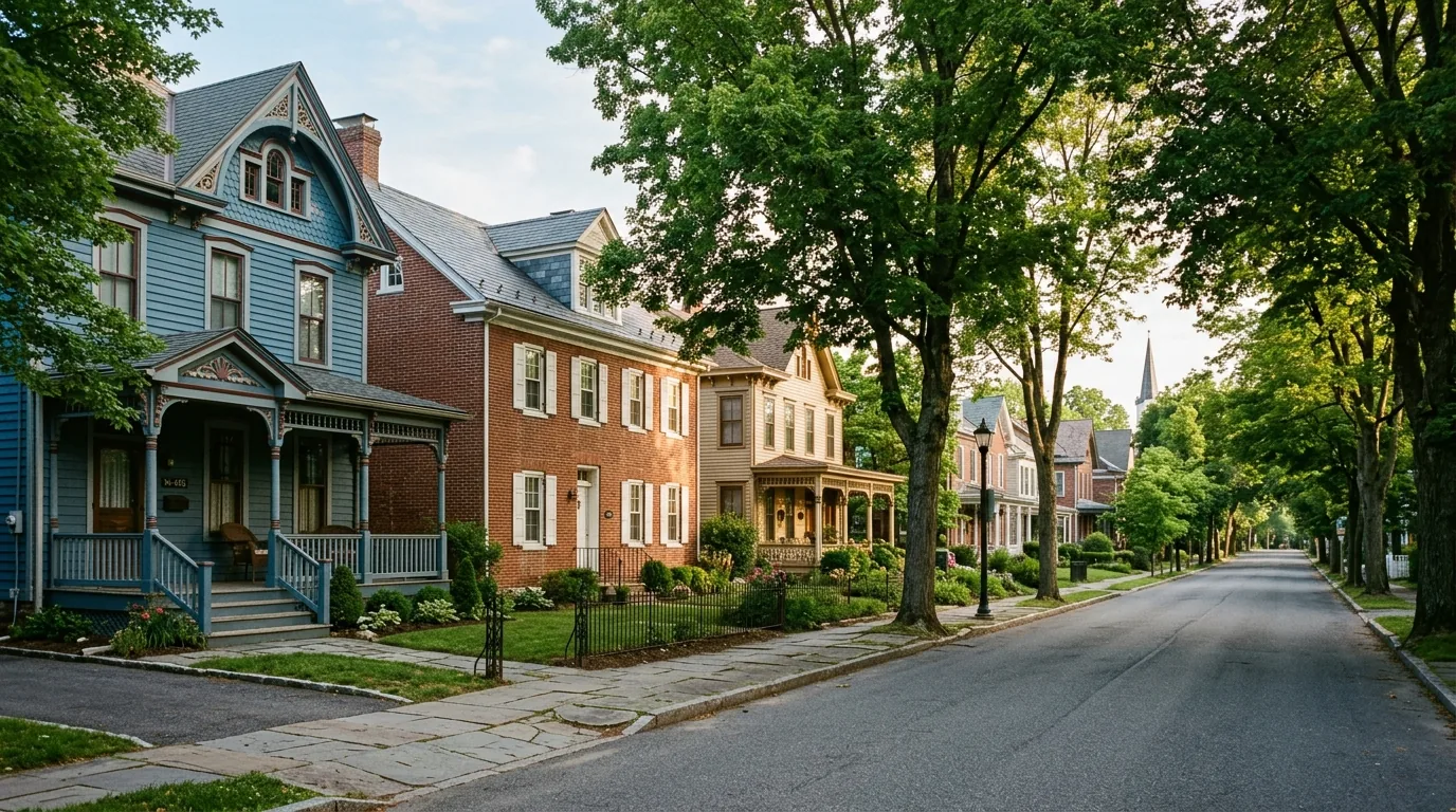 Tree-lined street in Milford, PA with historic Victorian and brick homes in early morning light.