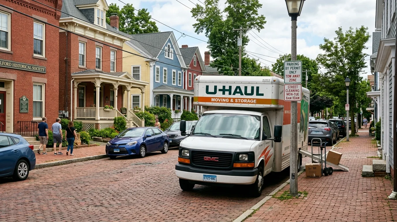 Moving truck parked on a narrow brick street in downtown Milford, PA near historic homes.