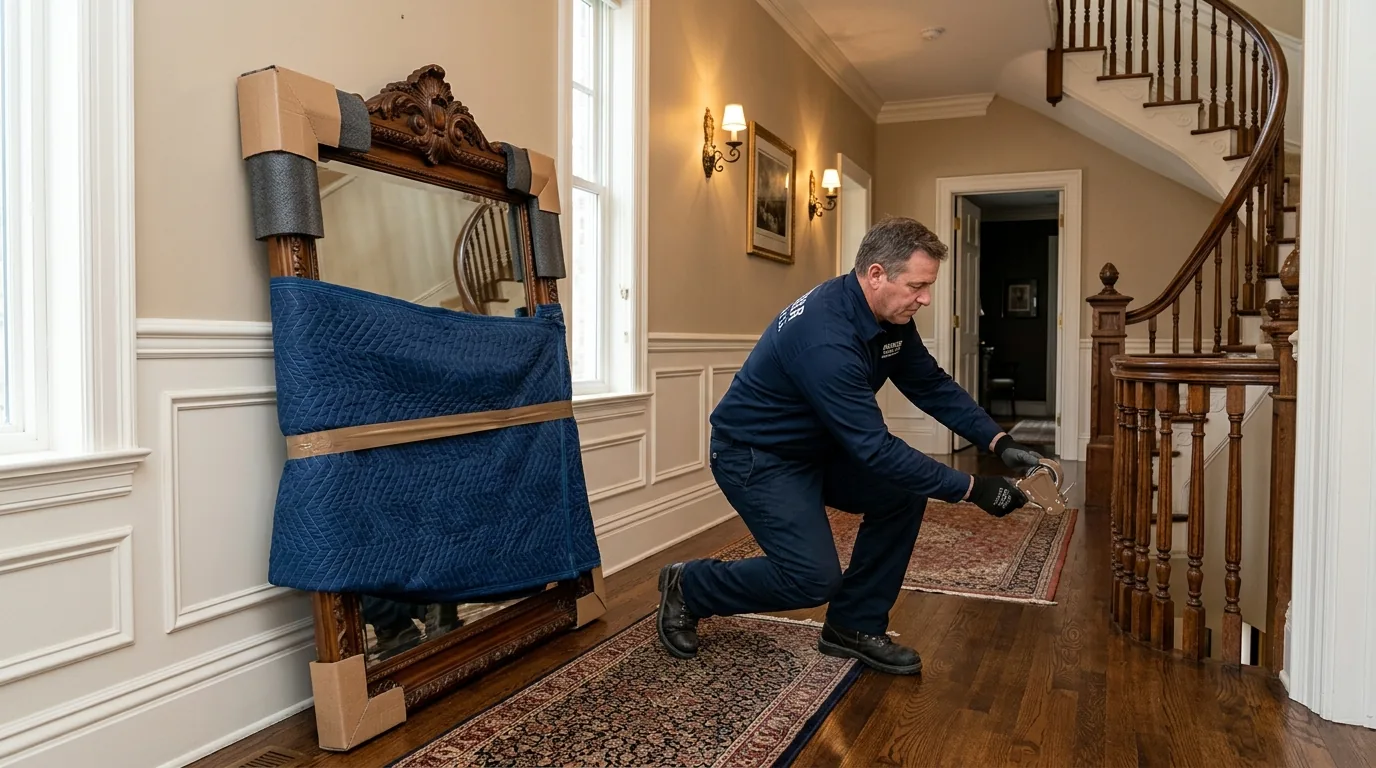 Mover wrapping an antique mirror with blankets in a Milford, PA period home hallway.