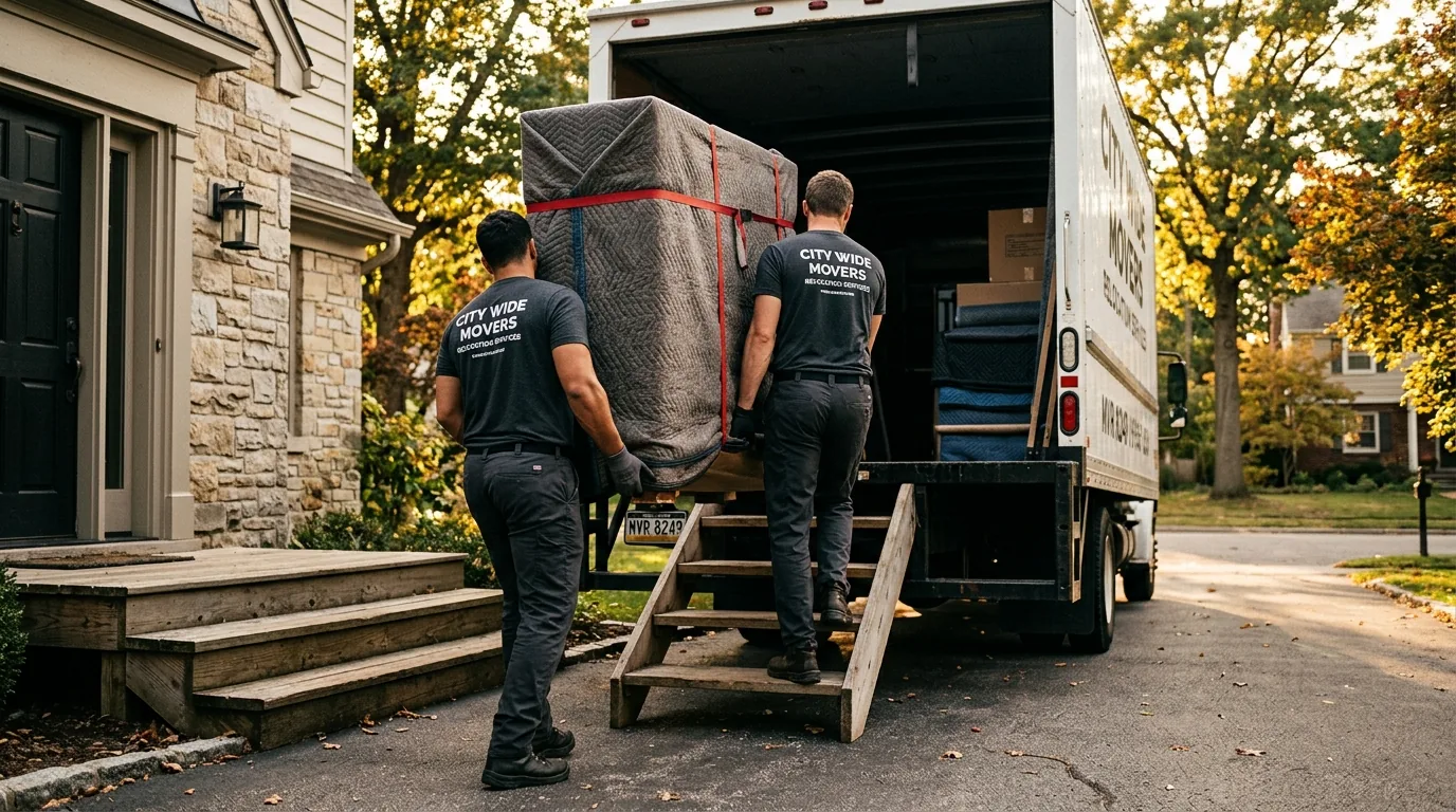 Movers carrying a wrapped piece of furniture into a truck at a Milford, PA home.