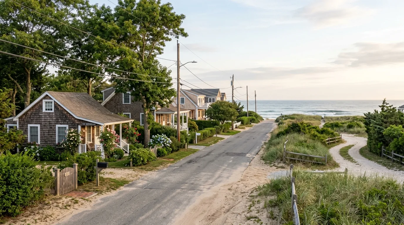 Tree-lined Montauk street with shingle cottages, beach houses, and dune grass.
